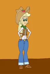 Size: 1561x2273 | Tagged: safe, artist:hunterxcolleen, derpibooru import, applejack, human, equestria girls, belt, belt buckle, boots, clothes, cowboy boots, cowboy hat, cowgirl, cowgirl outfit, hat, humanized, jeans, looking at you, pants, shoes, stetson, vest