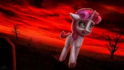 Size: 1920x1080 | Tagged: safe, artist:robsa990, derpibooru import, sweetie belle, pony, unicorn, fanfic:why am i crying, apocalypse, crying, dead tree, female, filly, red sky, revelations, solo, tree, trotting, underhoof, wasteland