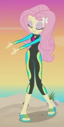 Size: 1065x2100 | Tagged: safe, derpibooru import, screencap, fluttershy, aww... baby turtles, equestria girls, equestria girls series, adorasexy, beach, beautiful, beautisexy, clothes, curvy, cute, eyes closed, eyeshadow, feet, flip-flops, geode of fauna, magical geodes, makeup, sandals, sexy, shyabetes, smiling, solo, swimsuit, wetsuit