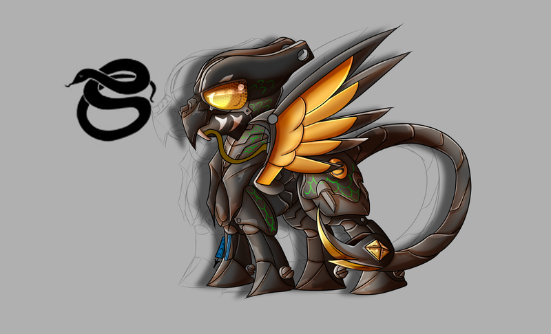 Size: 2800x1700 | Tagged: safe, artist:elmutanto, derpibooru import, oc, oc:viper, unofficial characters only, pegasus, pony, fallout equestria, fanfic:fallout equestria: broken oaths, armor, enclave armor, gray background, helmet, power armor, reference sheet, scorpion tail, simple background, solo, spread wings, terminator, wings