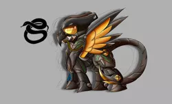 Size: 2800x1700 | Tagged: safe, artist:elmutanto, derpibooru import, oc, oc:viper, unofficial characters only, pegasus, pony, fallout equestria, fanfic:fallout equestria: broken oaths, armor, enclave armor, gray background, helmet, power armor, reference sheet, scorpion tail, simple background, solo, spread wings, terminator, wings