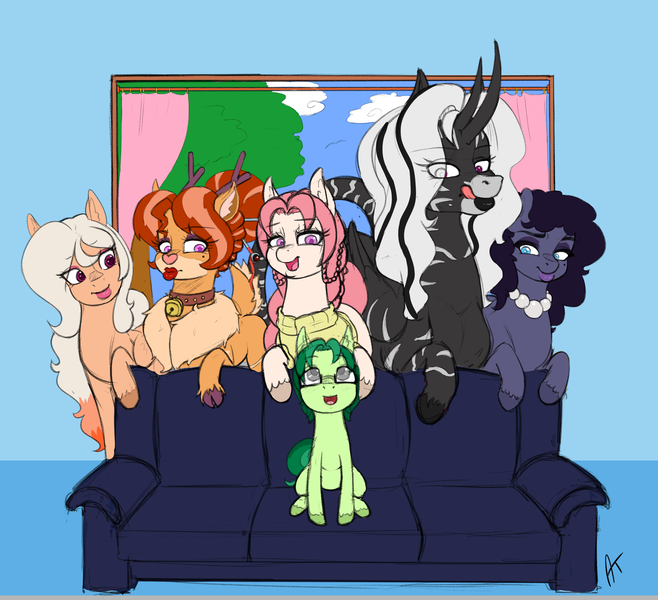 Size: 2487x2267 | Tagged: safe, artist:appelknekten, derpibooru import, oc, oc:appel, oc:dionna painter, oc:elven haze, oc:lady fairweather, oc:skye, oc:velvet rose, unofficial characters only, deer, earth pony, pegasus, pony, age difference, colt, couch, doe, eyeshadow, female, glasses, imminent sex, jewelry, licking, licking lips, lipstick, makeup, male, mare, meme, milf, mother, mother and child, mother and son, necklace, pearl necklace, piper perri surrounded, sitting, sketch, son, tongue out, window, wip, zunicorn