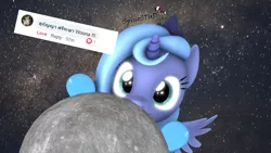 Size: 1920x1080 | Tagged: safe, artist:spinostud, derpibooru import, princess luna, alicorn, pony, 3d, cute, female, filly, looking at you, lunabetes, moon, request, source filmmaker, space, tangible heavenly object, woona, younger