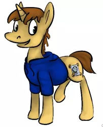 Size: 366x450 | Tagged: safe, artist:tempusfidgets, deleted from derpibooru, derpibooru import, oc, oc:fine print, pony, unicorn, clothes, jacket, male, oc art challenge, simple background, solo