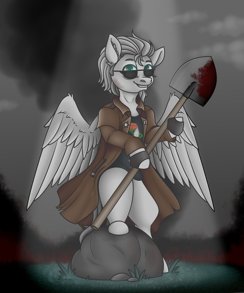 Size: 1417x1701 | Tagged: safe, derpibooru import, oc, oc:light knight, pony, blood, postal, postal dude, shovel