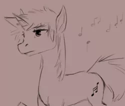 Size: 552x467 | Tagged: safe, artist:tempusfidgets, deleted from derpibooru, derpibooru import, oc, oc:staccato, pony, unicorn, male, monochrome, music notes, simple background, solo