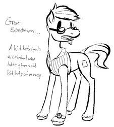 Size: 568x628 | Tagged: safe, artist:tempusfidgets, deleted from derpibooru, derpibooru import, oc, oc:straight point, pony, dress shirt, facial hair, goatee, great expectations, monochrome, simple background, solo, summary, watch