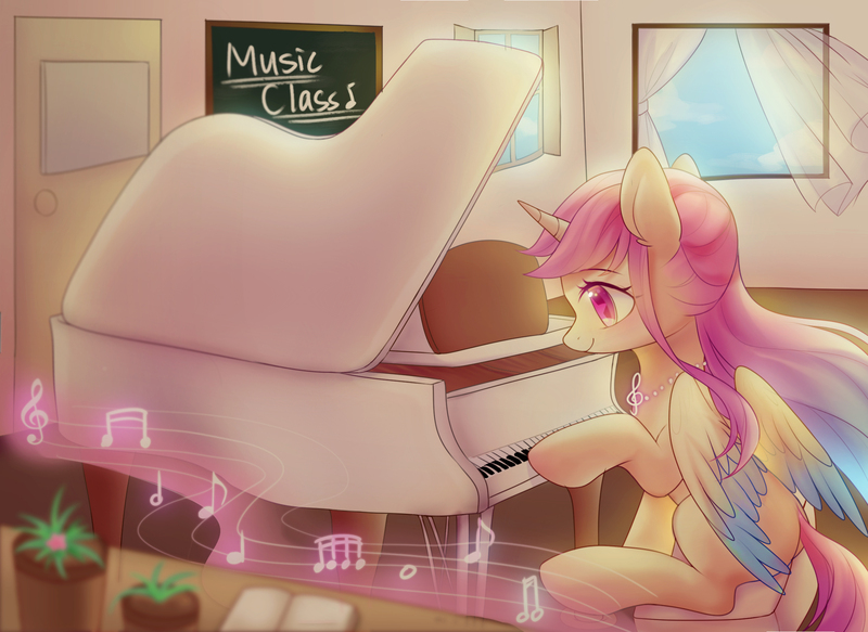 Size: 2300x1675 | Tagged: safe, artist:leafywind, derpibooru import, oc, unofficial characters only, alicorn, pony, alicorn oc, female, horn, mare, music notes, musical instrument, piano, smiling, solo, starry eyes, wingding eyes, wings