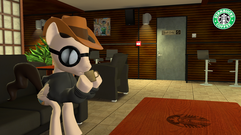 Size: 2560x1440 | Tagged: safe, artist:wolfthepredator, derpibooru import, oc, oc:electro-crit, pony, 3d, clothes, coffee, couch, gmod, goggles, hat, jacket, male, medic, ponysona, source filmmaker, starbucks, team fortress 2