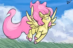 Size: 2784x1822 | Tagged: safe, artist:greyscaleart, derpibooru import, fluttershy, pegasus, pony, cloud, cloudy, eyes closed, female, field, flying, grass, grin, mare, sky, smiling, solo, unshorn fetlocks, windswept mane, wings