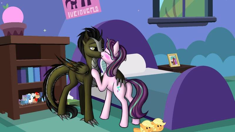 Size: 1182x665 | Tagged: artist needed, safe, derpibooru import, starlight glimmer, oc, oc:draco k-night blaze, dracony, dragon, hybrid, kirin, pony, unicorn, bed, bedroom, blank flank, blushing, butt, canon x oc, clothes, couple, cutie mark, female, folded wings, indoors, kissing, love, male, mare, open mouth, plot, reptile tail, request, scales, slippers, stallion, standing, starlaco, straight, wings