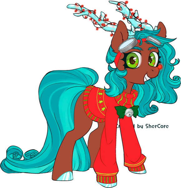 Size: 4462x4616 | Tagged: safe, artist:shercore, derpibooru import, oc, deer, deer pony, original species, pony, reindeer, absurd resolution, adoptable, antlers, bell, blue hair, brown fur, christmas, christmas lights, christmas sweater, clothes, cloven hooves, curly hair, cute, eyebrows, female, goggles, green eyes, holiday, long tail, red nose, red nosed reindeer, simple background, smiling, solo, sweater, transparent background