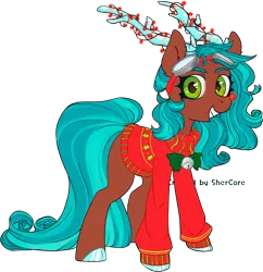 Size: 4462x4616 | Tagged: safe, artist:shercore, derpibooru import, oc, deer, deer pony, original species, pony, reindeer, absurd resolution, adoptable, antlers, bell, blue hair, brown fur, christmas, christmas lights, christmas sweater, clothes, cloven hooves, curly hair, cute, eyebrows, female, goggles, green eyes, holiday, long tail, red nose, red nosed reindeer, simple background, smiling, solo, sweater, transparent background