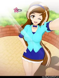 Size: 752x1000 | Tagged: safe, artist:clouddg, derpibooru import, oc, oc:madison quick, equestria girls, clothes, equestria girls-ified, female, happy, one eye closed, open mouth, signature, solo, wink