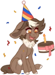 Size: 1048x1408 | Tagged: safe, artist:dusty-onyx, derpibooru import, oc, oc:choco mocca, earth pony, pony, cake, female, food, hat, mare, party hat, simple background, solo, transparent background