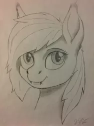 Size: 2448x3264 | Tagged: safe, artist:legatusflagrans, deleted from derpibooru, derpibooru import, oc, oc:tenebra, bat pony, pony, bat pony oc, bat wings, bust, fangs, female, grayscale, mare, monochrome, portrait, simple background, sketch, smiling, solo, traditional art, white background, wings