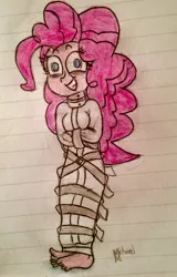 Size: 2093x3264 | Tagged: safe, artist:michaelmaddox222, deleted from derpibooru, derpibooru import, pinkie pie, human, equestria girls, barefoot, bondage, colored, cute, feet, female, fetish, grin, happy bondage, insanity, lined paper, looking at you, mummyjacket, restrained, self bondage, signature, smiling, solo, straitjacket, traditional art, wiggling toes