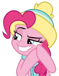 Size: 3000x3881 | Tagged: safe, artist:sollace, derpibooru import, pinkie pie, pony, best gift ever, .svg available, beanie, clothes, hat, plotting, raised eyebrow, rubbing hooves, scarf, simple background, smiling, smirk, solo, transparent background, vector
