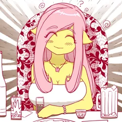 Size: 2000x2000 | Tagged: safe, artist:sigpi, derpibooru import, fluttershy, anthro, bat pony, big breasts, blushing, bottle, bracelet, breasts, busty fluttershy, clothes, cup, cute, drink, eyes closed, female, floppy ears, flutterbat, huge breasts, jewelry, mug, necklace, race swap, shirt, shyabetes, smiling, solo