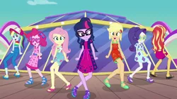 Size: 1920x1080 | Tagged: safe, derpibooru import, screencap, applejack, fluttershy, pinkie pie, rainbow dash, rarity, sci-twi, sunset shimmer, twilight sparkle, equestria girls, equestria girls series, i'm on a yacht, spoiler:eqg series (season 2), cap, clothes, crossed legs, cruise ship, dancing, feet, geode of fauna, geode of sugar bombs, glasses, hat, humane five, humane seven, humane six, legs, looking at you, magical geodes, open mouth, pants, sandals, shoes, sleeveless, yacht