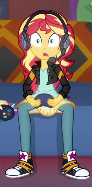 Size: 358x730 | Tagged: safe, derpibooru import, screencap, sunset shimmer, equestria girls, equestria girls series, game stream, spoiler:eqg series (season 2), clothes, controller, converse, cropped, headphones, shoes, sneakers, sunset gamer