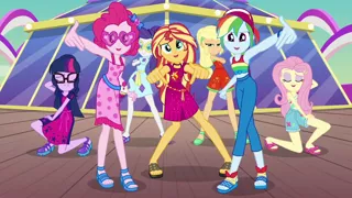 Size: 1920x1080 | Tagged: safe, derpibooru import, screencap, applejack, fluttershy, pinkie pie, rainbow dash, rarity, sci-twi, sunset shimmer, twilight sparkle, equestria girls, equestria girls series, i'm on a yacht, spoiler:eqg series (season 2), eyes closed, humane five, humane seven, humane six, looking at you, midriff, sleeveless