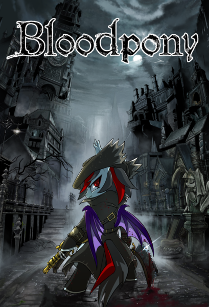 Size: 900x1320 | Tagged: semi-grimdark, artist:renokim, derpibooru import, oc, unofficial characters only, bat pony, pony, bat pony oc, bat wings, blackletter, blood, bloodborne, building, clothes, full moon, hat, looking back, moon, serious, serious face, slit eyes, solo, statue, weapon, wings