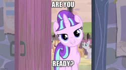 Size: 888x499 | Tagged: safe, derpibooru import, edit, edited screencap, screencap, starlight glimmer, pony, unicorn, the cutie map, bedroom eyes, blue eyes, bronybait, caption, creepy, creepy smile, crowd, door, equal cutie mark, equalized, female, horn, image macro, impact font, looking at you, our town, poster, rosemary, s5 starlight, smiling, text, text edit