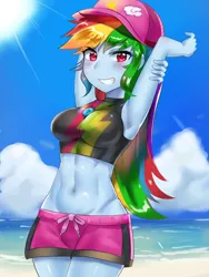 Size: 900x1200 | Tagged: safe, artist:tzc, derpibooru import, edit, editor:rd42, rainbow dash, human, equestria girls, equestria girls series, forgotten friendship, anime, armpits, beach, belly button, board shorts, breasts, clothes, female, fixed, hat, humanized, jewelry, long hair, looking at you, multicolored hair, necklace, ocean, rainbow hair, sand, solo, stretching, swimsuit