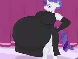 Size: 1280x960 | Tagged: safe, artist:theimmortalwolf, derpibooru import, rarity, anthro, unguligrade anthro, unicorn, alternate hairstyle, bedroom eyes, belly, belly button, big belly, big breasts, breasts, busty rarity, clothes, dress, female, floppy ears, huge belly, hyper, hyper belly, hyper pregnancy, impossibly large belly, jewelry, looking at you, necklace, outie belly button, preggity, pregnant, smiling