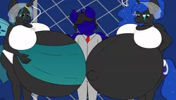 Size: 1280x725 | Tagged: suggestive, artist:theimmortalwolf, derpibooru import, nightmare moon, queen chrysalis, oc, anthro, belly, big belly, big breasts, breasts, busty nightmare moon, busty queen chrysalis, canon x oc, crying, horn, horn ring, huge belly, huge breasts, hyper, hyper belly, hyper pregnancy, impossibly large belly, large belly, polyamory, pregnant, reversalis, ring, tears of joy