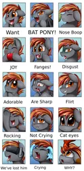 Size: 2349x4739 | Tagged: safe, artist:pridark, derpibooru import, oc, oc:hugo drax, unofficial characters only, bat pony, earth pony, kirin, pony, adorable face, bat ponified, boop, commission, crying, cute, cute little fangs, disgusted, drool, emotion chart, emotions, fangs, flirty, image, joy, kirinified, male, meme, noseboop, ocular gushers, open mouth, png, race swap, raised leg, solo, species swap, tongue out, virtual reality, vr goggles, vr headset, want