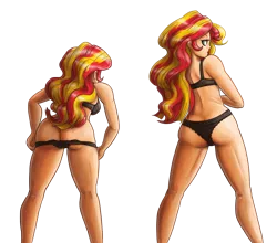 Size: 2561x2250 | Tagged: suggestive, artist:king-kakapo, derpibooru import, sunset shimmer, human, ass, black bra, black panties, black underwear, bra, breasts, bunset shimmer, butt, cheeky panties, clothes, commission, female, humanized, image, legs, light skin, lingerie, looking at you, looking back, panties, partial nudity, png, sexy, simple background, solo, solo female, stupid sexy sunset shimmer, thighs, transparent background, underwear