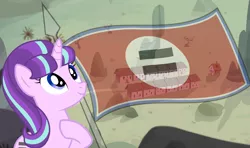 Size: 1511x897 | Tagged: safe, derpibooru import, edit, edited screencap, screencap, vector edit, starlight glimmer, pony, the crystal empire, the cutie map, equal cutie mark, equal sign, equality, female, flag, happy, horn, mare, s5 starlight, smiling, solo, stalin glimmer, vector
