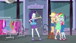 Size: 1920x1080 | Tagged: safe, derpibooru import, screencap, applejack, fluttershy, rainbow dash, rarity, equestria girls, equestria girls series, street chic, spoiler:eqg series (season 2), bare shoulders, clothes, clothes rack, cold, converse, dress, feet, fluttercold, freezing, geode of fauna, geode of shielding, geode of super speed, geode of super strength, magical geodes, sandals, shivering, shoes, sleeveless, sneakers, strapless, tanktop
