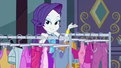 Size: 1920x1080 | Tagged: safe, derpibooru import, screencap, rarity, equestria girls, equestria girls series, street chic, spoiler:eqg series (season 2), adorasexy, bracelet, clothes, clothes rack, cute, eyeshadow, geode of shielding, huggable, jewelry, lidded eyes, looking at you, magical geodes, makeup, sexy, smiling, smiling at you