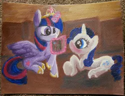 Size: 4020x3108 | Tagged: safe, artist:staremastershy, derpibooru import, rarity, twilight sparkle, twilight sparkle (alicorn), alicorn, pony, fanfic:the enchanted library, big crown thingy, book, element of magic, fanfic art, female, jewelry, lesbian, rarilight, regalia, shipping