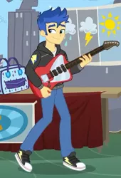 Size: 368x540 | Tagged: safe, derpibooru import, screencap, flash sentry, best trends forever, equestria girls, equestria girls series, bag, clothes, converse, cropped, electric guitar, guitar, hoodie, implied rarity, male, musical instrument, pants, shoes, smiling, sneakers