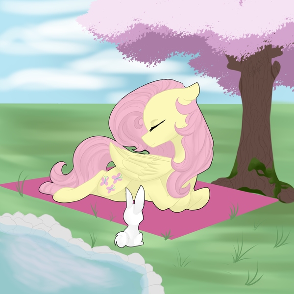 Size: 1500x1500 | Tagged: safe, artist:royalwolf1111, derpibooru import, angel bunny, fluttershy, pegasus, pony, cherry tree, cute, duo, eyes closed, female, folded wings, head turn, hooves tucked in, lying down, mare, moss, outdoors, pond, prone, tree, under the tree, wings