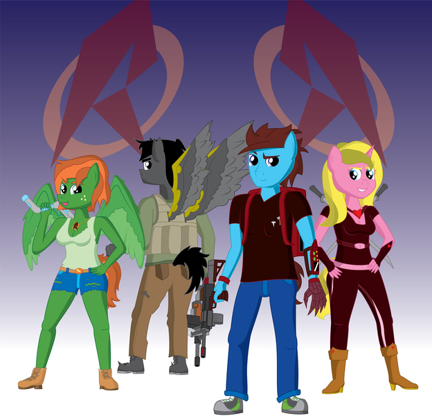 Size: 3345x3214 | Tagged: safe, artist:miipack603, derpibooru import, oc, oc:emily flutterheart, oc:jacob braveheart, oc:jenna flashstrike, oc:john darkblaze, anthro, pegasus, plantigrade anthro, unicorn, comic:rogue diamond, anthro oc, assault rifle, backpack, boots, breasts, cell shaded, cleavage, clothes, determined, fatigues, female, gun, hands on hip, holding, horn, jeans, jewelry, logo, looking over shoulder, machine gun, male, mare, mechanical claw, pants, pendant, renegades, rifle, ripped, shading, shoes, shorts, shotgun, simple background, simple shading, smiling, stallion, standing, sword, tail, tanktop, vest, weapon, wing brace, wings