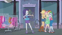 Size: 1000x562 | Tagged: safe, derpibooru import, edit, edited screencap, screencap, applejack, fluttershy, rainbow dash, rarity, equestria girls, equestria girls series, street chic, spoiler:eqg series (season 2), animated, clothes, cold weather, converse, gif, hidden face, reversed, shoes, snow, snow-covered applejack, snow-covered fluttershy, snow-covered rainbow dash, snow-covered rarity, speed up