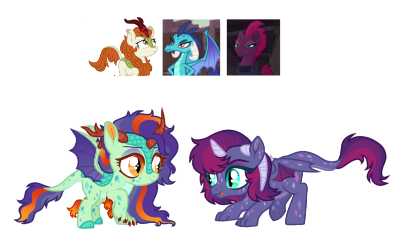 Size: 1568x933 | Tagged: safe, artist:unoriginai, derpibooru import, autumn blaze, fizzlepop berrytwist, princess ember, tempest shadow, oc, dracony, dragon, half-dragon, hybrid, kirin, pony, unicorn, sounds of silence, adoptable, cloven hooves, colored claws, cute, dragon lord ember, duo, kirin hybrid, magical lesbian spawn, offspring, parent:autumn blaze, parent:princess ember, parent:tempest shadow, parents:emberblaze, parents:temper, scales, screencap reference, simple background, three horns, transparent background