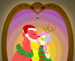Size: 2879x2361 | Tagged: safe, alternate version, anonymous artist, derpibooru import, big macintosh, fluttershy, pony, series:fm holidays, antlers, bell, bell collar, christmas, christmas lights, christmas sweater, christmas wreath, clothes, collar, colored, earmuffs, eyes closed, fake beard, fake nose, female, flat colors, fluttermac, hat, holiday, kissing, lineless, male, mistletoe, red nose, reindeer antlers, santa hat, shipping, straight, sweater, wreath