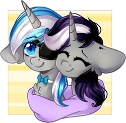 Size: 1828x1783 | Tagged: safe, artist:grapegrass, derpibooru import, oc, oc:sekr gray, oc:starlit nightcast, pony, unicorn, bowtie, bust, clothes, commission, cuddling, eyepatch, scarf, shared clothing, shared scarf, shipping, simple background, transparent background, ych result