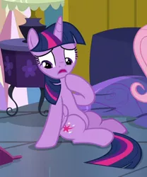 Size: 386x465 | Tagged: safe, derpibooru import, screencap, fluttershy, twilight sparkle, twilight sparkle (alicorn), alicorn, pegasus, pony, a health of information, bedroom, cropped, female, mare, offscreen character, on floor, open mouth, raised hoof, sitting, solo focus, thinking