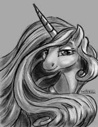 Size: 850x1100 | Tagged: safe, artist:noctomaeus, derpibooru import, princess celestia, alicorn, pony, bust, female, grayscale, lidded eyes, mare, monochrome, portrait, smiling, solo