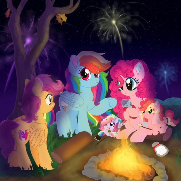 Size: 1700x1700 | Tagged: safe, artist:unoriginai, derpibooru import, pinkie pie, rainbow dash, scootaloo, oc, oc:monochrome mayhem, oc:party popper, oc:sugar crash, adoption, campfire, crying, female, filly, fireworks, foal, food, lesbian, magical lesbian spawn, marshmallow, newborn, night, offspring, older, older scootaloo, parent:pinkie pie, parent:rainbow dash, parents:pinkiedash, pinkiedash, scootadoption, shipping, sky, story included, tree