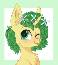 Size: 2672x3000 | Tagged: safe, artist:pesty_skillengton, derpibooru import, oc, unofficial characters only, pony, unicorn, bust, commission, female, flower, flower in hair, heart eyes, portrait, solo, tongue out, wingding eyes