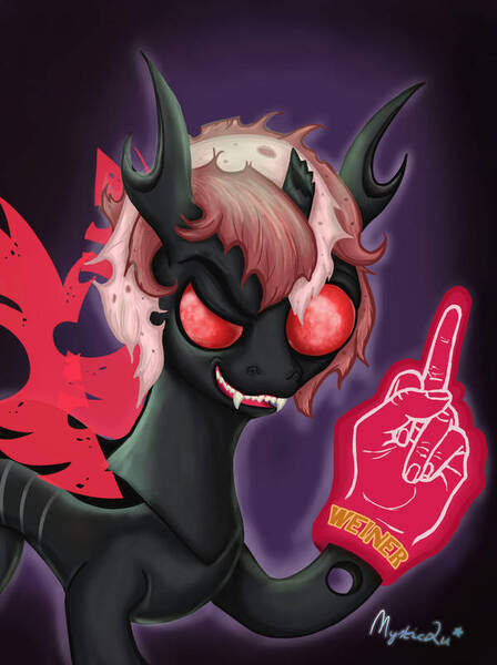 Size: 600x804 | Tagged: safe, artist:mystic2u, derpibooru import, oc, oc:fngr, oc:fornogoodreason, changeling, pony, bust, changeling oc, foam finger, middle finger, portrait, red changeling, solo, swearing, vulgar, wiener