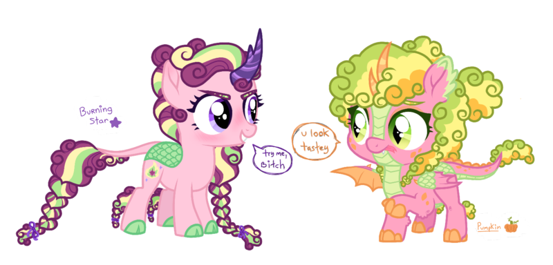 Size: 1471x706 | Tagged: safe, artist:unoriginai, derpibooru import, oc, oc:burning star, oc:pumpkin, dracony, dragon, hybrid, kirin, pony, adoptable, dialogue, female, filly, magical lesbian spawn, offspring, parent:autumn blaze, parent:spike, parent:starlight glimmer, parents:autumnglimmer, parents:autumnspike